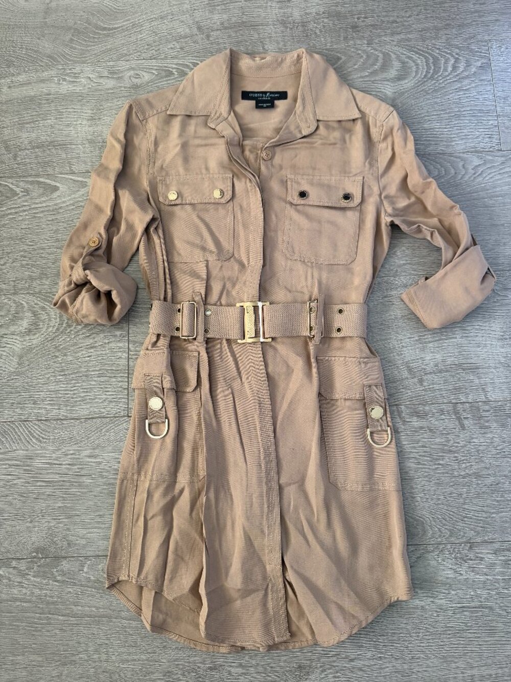 Guess by Marciano Khaki Cargo Safari Shirt Dress Belted XS